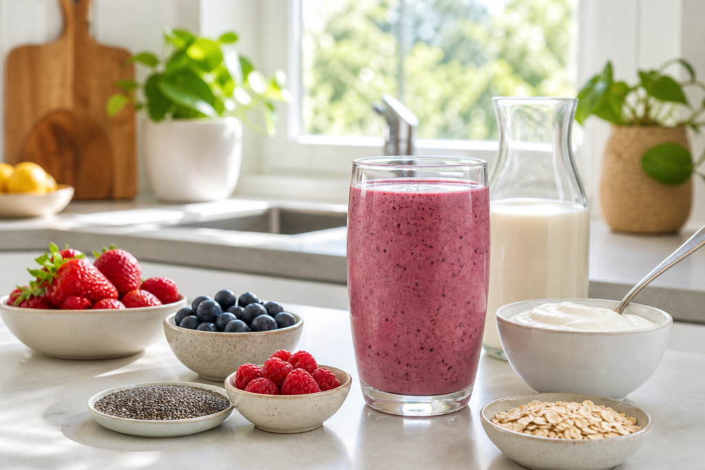 Herbalife berry smoothie breakfast idea with berries, yoghurt and chia seeds