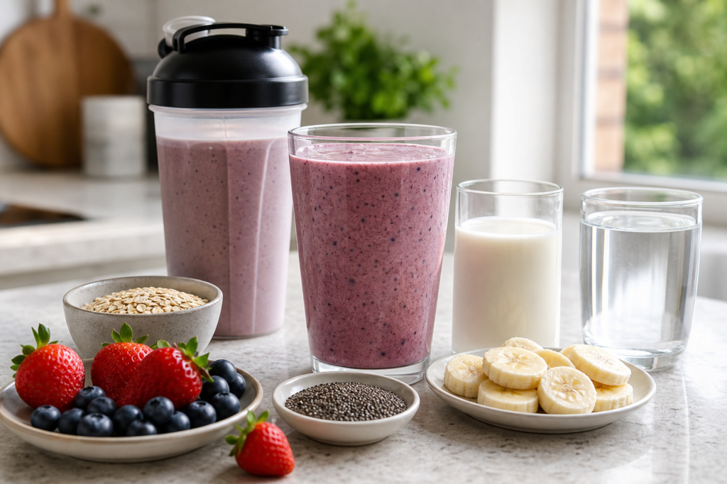 Herbalife lunch shake ideas with berries oats chia seeds and milk