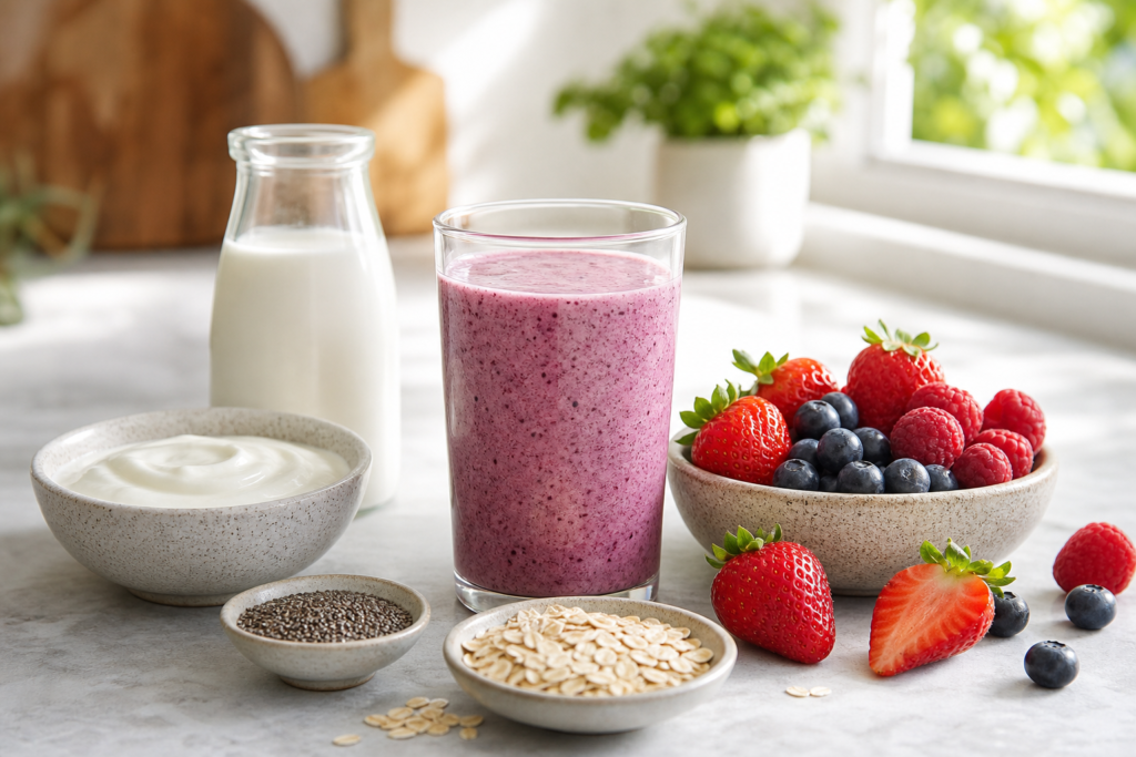 Herbalife shake with Greek yoghurt and berries breakfast idea