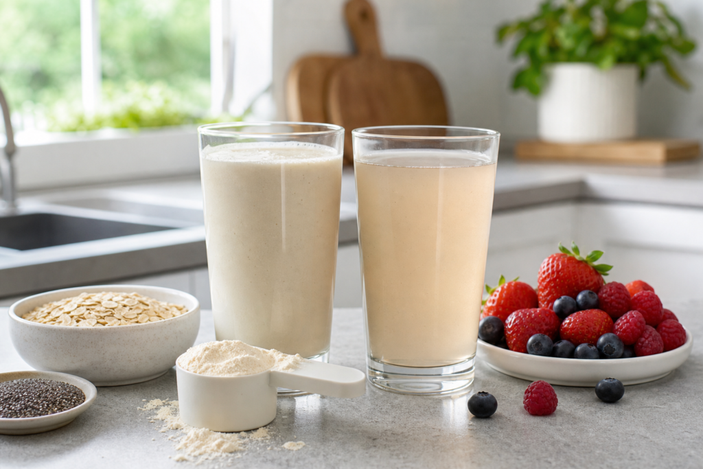 Herbalife shake with milk or water comparison with berries and oats