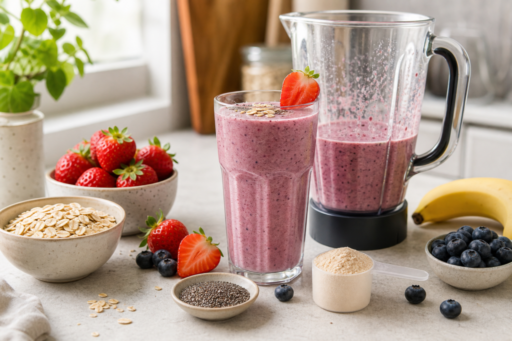 Herbalife shake with oats breakfast smoothie idea with berries and chia seeds