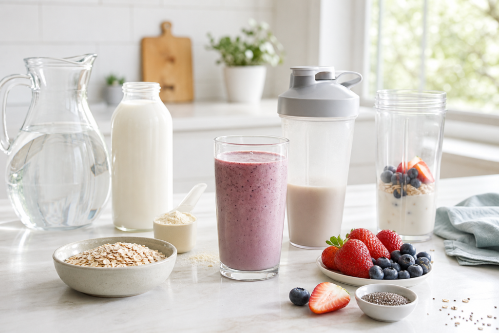 Herbalife shake without blender with shaker bottle and berry breakfast ingredients