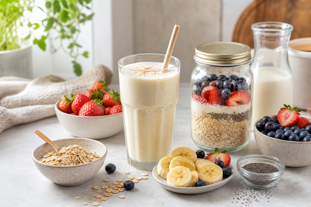 High-protein Herbalife breakfast shake with berries and oats