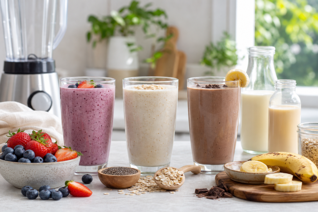 Healthy Herbalife shake recipes for busy mornings with berries, oats and milk