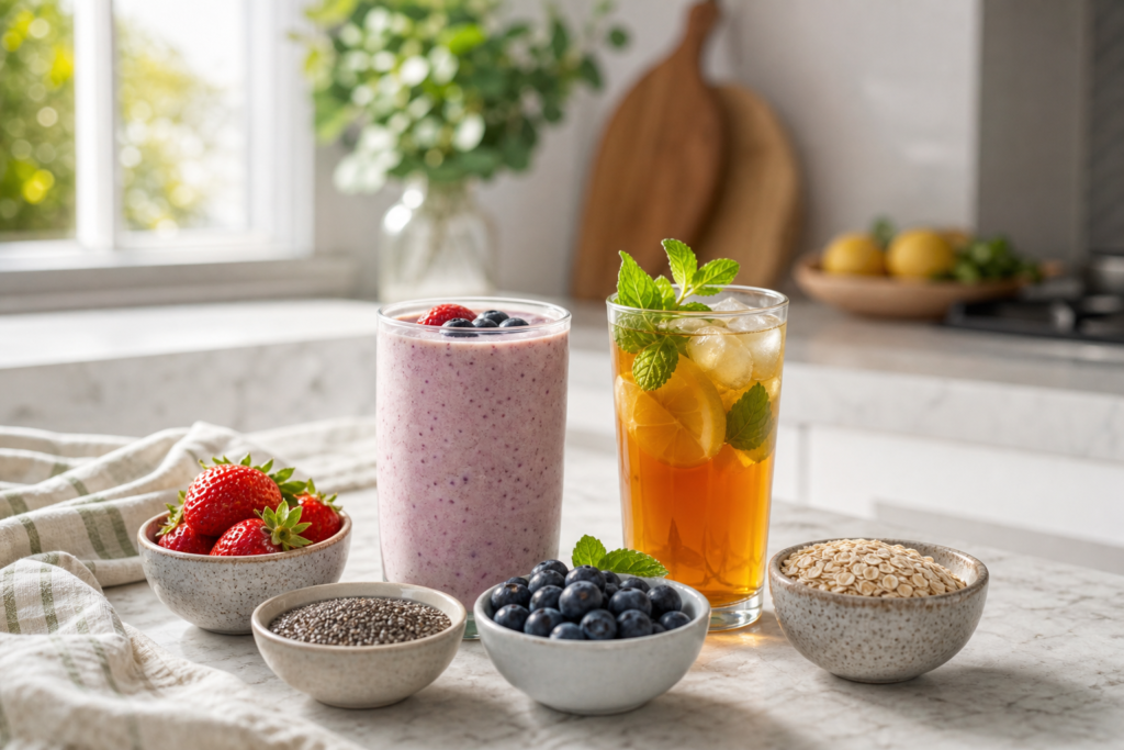 Herbalife tea and shake routine with berry protein shake and iced herbal tea