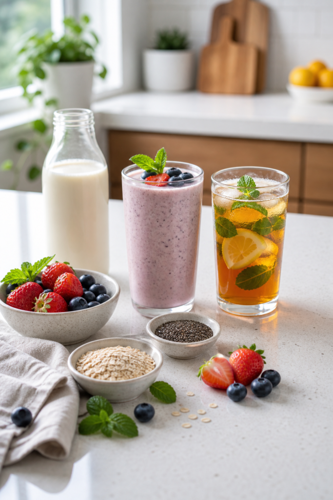 Healthy Herbalife tea and shake routine with berry protein shake