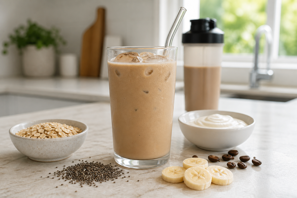Herbalife coffee shake recipe with oats, chia seeds and chilled coffee