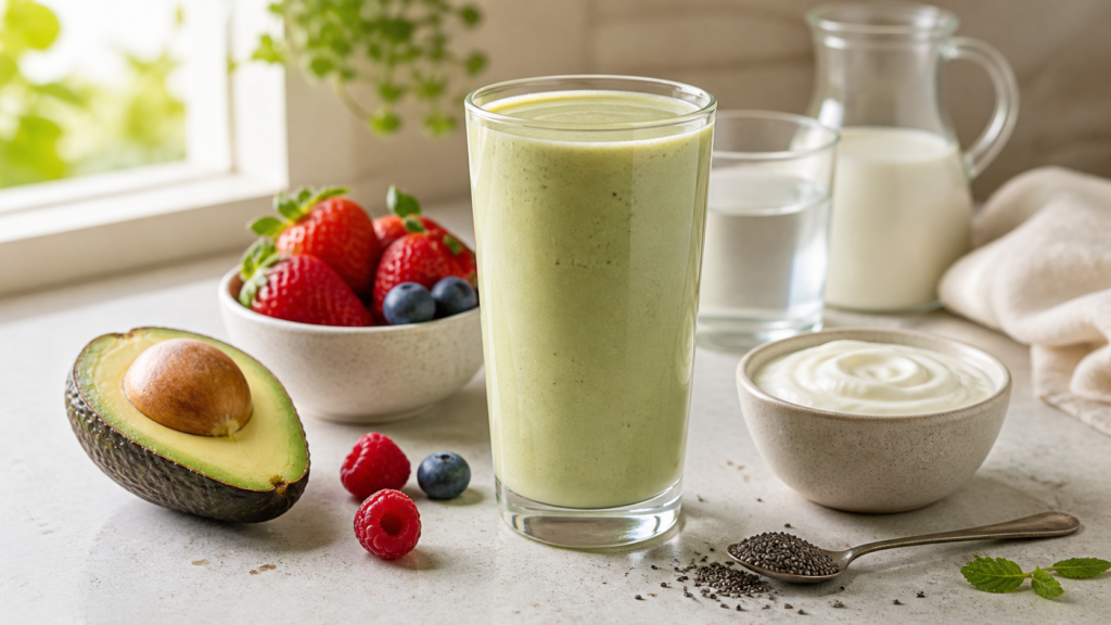Creamy Herbalife avocado shake recipe with berries and chia seeds
