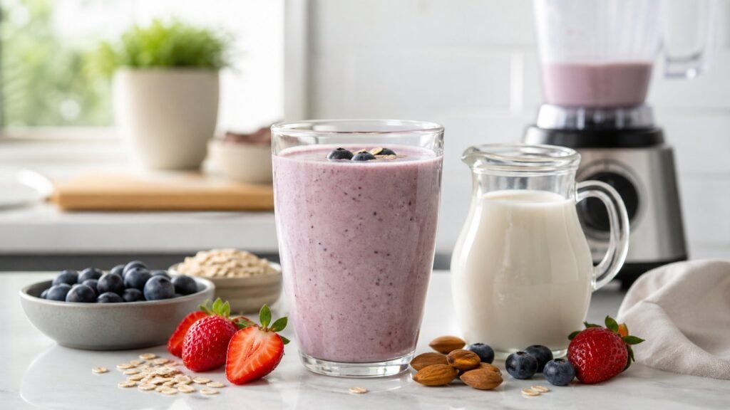 Dairy-free Herbalife shake with oat milk and berries
