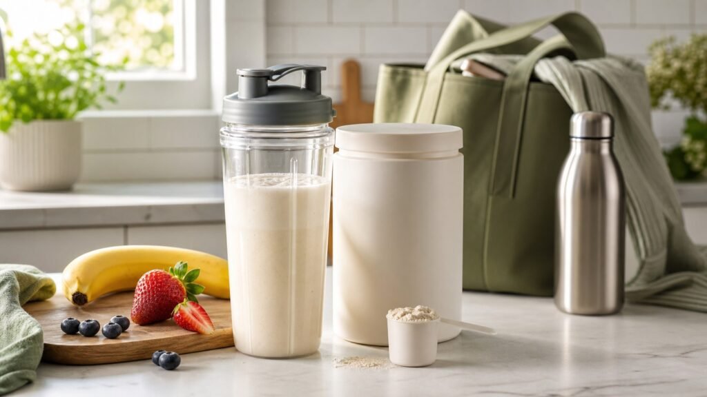Herbalife shake on the go with shaker bottle and fruit