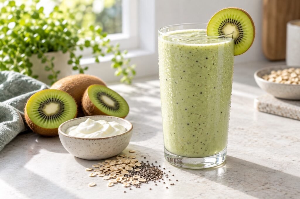 Healthy Herbalife kiwi shake recipe with yoghurt, oats and chia seeds