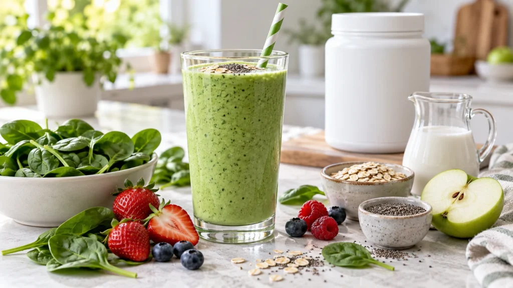 Healthy Herbalife spinach shake with berries and oats