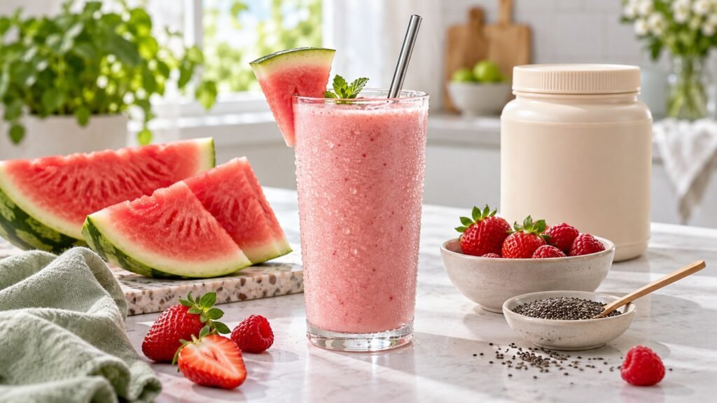 Healthy Herbalife-style watermelon shake recipe with fresh berries and chia seeds
